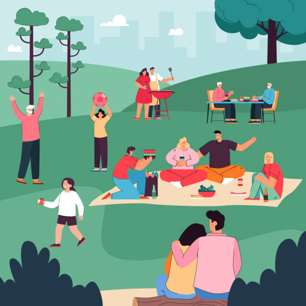 Happy people eating, drinking together, communicating Happy people eating, drinking together, communicating under trees, playing with children. Cartoon family resting during picnic in city park vector illustration. Leisure time, outdoor activity concept picnic stock illustrations