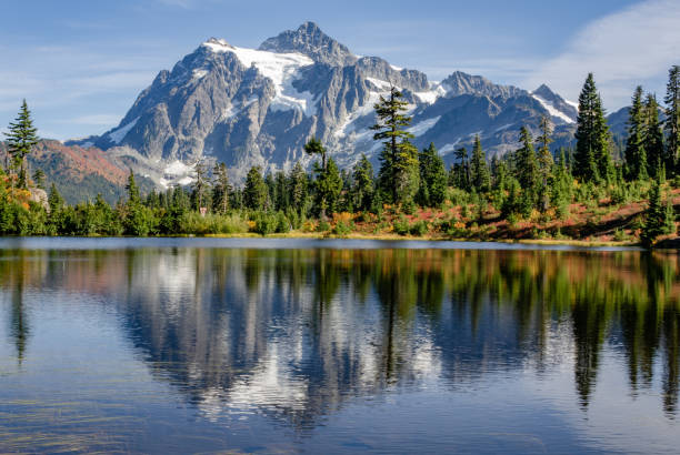 Mt Shuksan reflection in a Picture Lake Mount Shuksan reflecting in a Picture Lake, Mount BAker-Snoqualmie National Forest picture lake stock pictures, royalty-free photos & images