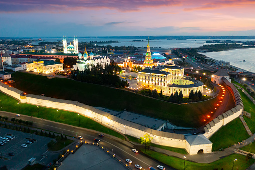 Stunning bird's eye view of Kazan Kremlin with turned on city lights.