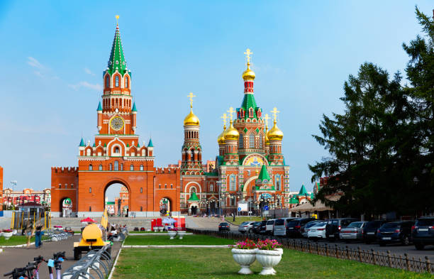 Impressive view of Blagoveshchenskaya Tower and  Sobor Blagoveshcheniya Presvyatoy Bogoroditsy at Yoshkar-Ola, Russia