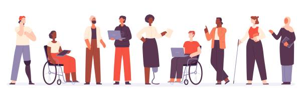 istock Flat diverse group of business people and office worker. Teamwork inclusion with muslim, black and active disabled characters vector concept 1347529242