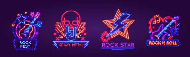 ilustraciones, imágenes clip art, dibujos animados e iconos de stock de letreros de neón brillantes para el logotipo de un festival de rock, banda o club. cartel luminoso para la fiesta de música rock n roll con calavera punk y conjunto vectorial de guitarras - músico de rock