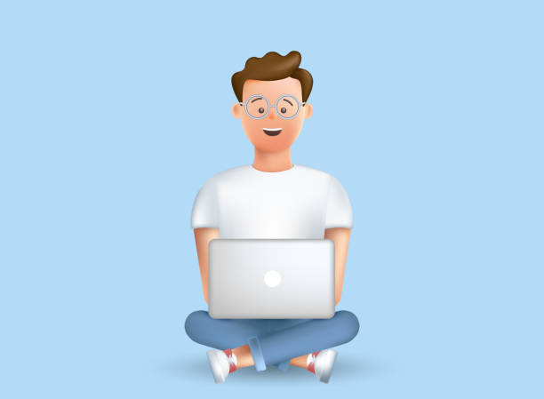 ilustrações de stock, clip art, desenhos animados e ícones de happy young man sitting on the floor. laptop on his knees. work, study at home. freelancer. the course of study. video conference. the concept of remote work, access. vector 3d business illustration. - young men illustrations