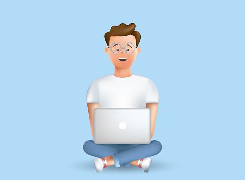 Happy young man sitting on the floor. Laptop on his knees. Work, study at home. Freelancer. The course of study. Video conference. The concept of remote work, access. Vector 3D business illustration.