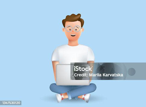 istock Happy young man sitting on the floor. Laptop on his knees. Work, study at home. Freelancer. The course of study. Video conference. The concept of remote work, access. Vector 3D business illustration. 1347530120