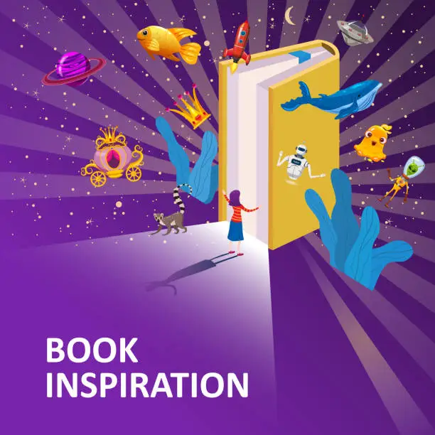 Vector illustration of Open Book Imagination with girl, concept background. Inspiration reading book with fantasy and creative elements rocket, whale, ufo, unicorn, gold fish. Vector illustration cartoon style poster, banner template