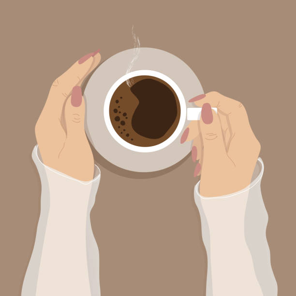 mädchenhände, die eine tasse kaffee halten - cafe breakfast scented coffee break stock-grafiken, -clipart, -cartoons und -symbole