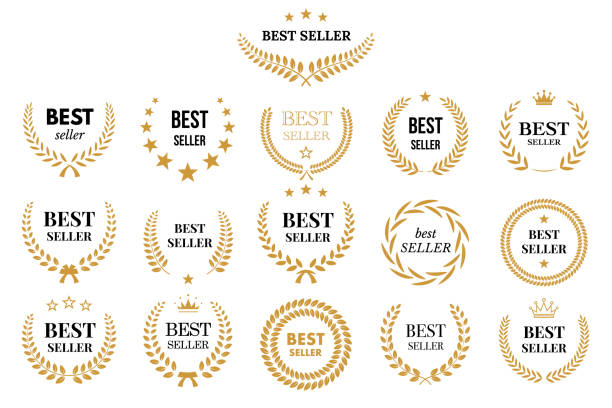 Best seller icon badge set, logo label tag design template for top sales, gold award Best seller icon badge set vector illustration. Bestseller logo label tag design template for top sales, gold award round stamp, sticker with ribbon, stars and best seller text isolated on white best sellers stock illustrations
