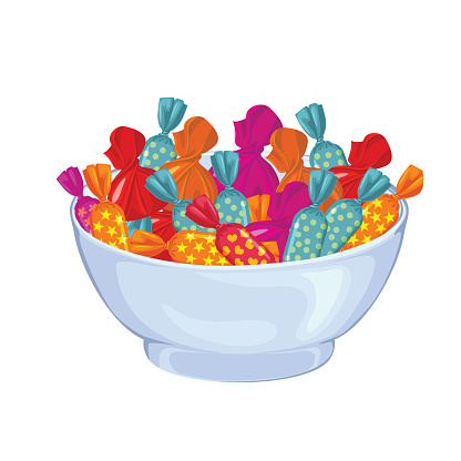 Sweet candies in bowl isolated on white background. Vector illustration of colorful sweets in a flat style.