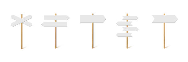 Direction sign post with arrow set, 3d choice signpost to choose road, blank pointer Direction sign post with arrow set vector illustration. Realistic 3d choice signpost to choose road or street, blank signboard pointer with wooden pole template collection isolated on white background pole stock illustrations