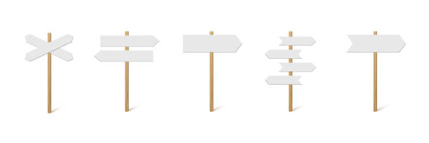 Direction sign post with arrow set, 3d choice signpost to choose road, blank pointer Direction sign post with arrow set vector illustration. Realistic 3d choice signpost to choose road or street, blank signboard pointer with wooden pole template collection isolated on white background placard stock illustrations