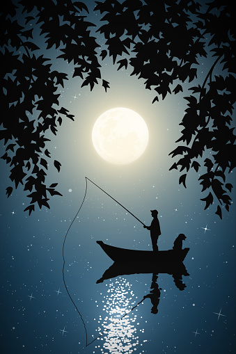 Man silhouette catch fish with fishing rod framed by branches. Full moon in starry sky. Vector illustration for use in polygraphy, textile, design, decor