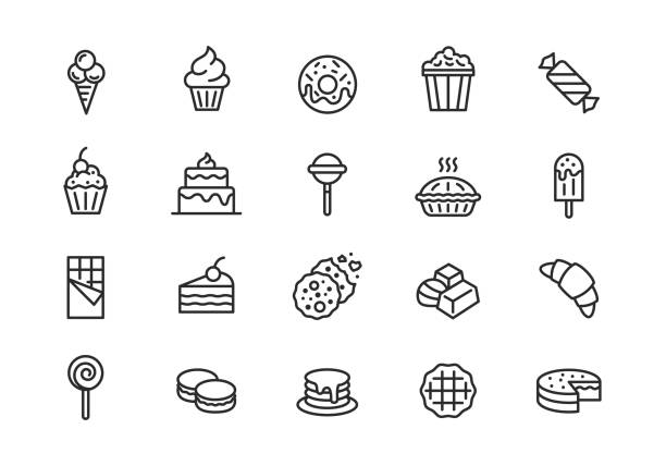 Sweets icons. Set of 20 sweets trendy minimal icons. Ice cream, candies, cakes, etc. Design signs for cafe, restaurant menu, web page, mobile app, logo, banner, packaging design. Vector illustration Vector illustration ice pie stock illustrations