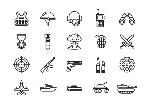 ilustraciones, imágenes clip art, dibujos animados e iconos de stock de militares, ejército, iconos de guerra. conjunto de 20 iconos minimalistas militares de moda. pistola, bomba, arma, icono de vehículos militares. iconos para página web, aplicación móvil. ilustración vectorial - casco militar