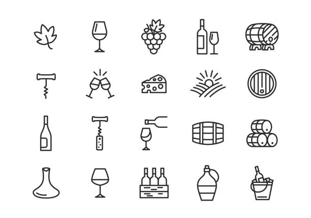 винные иконы. набор из 20 винных модных минималистичных иконок. виноград, стекло, бочка, сыр, виноградник икона. дизайн вывесок для меню ресто - computer icon symbol cork wine stock illustrations
