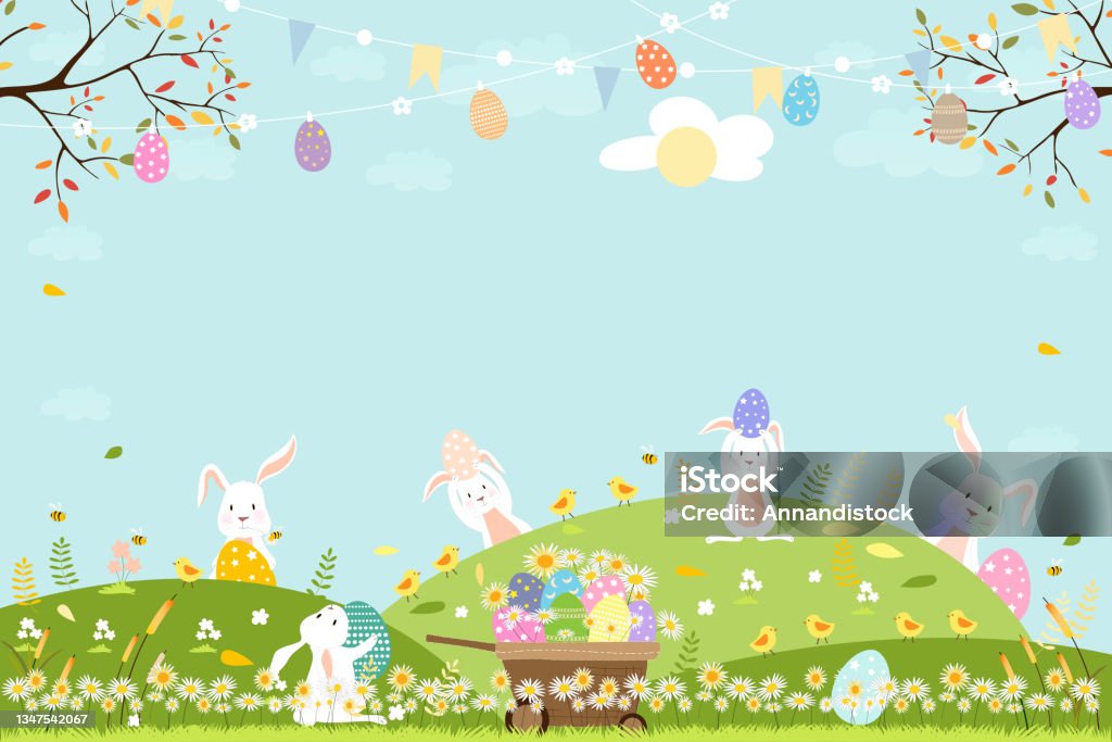 Spring Field With Bunny Hunting Easter Eggsvector Cute Cartoon Rabbits And  Hunny Bees Flying In Grass Field Spring Or Summer Time Banner With Copy  Space For Easter Greeting Card Background Stock Illustration -