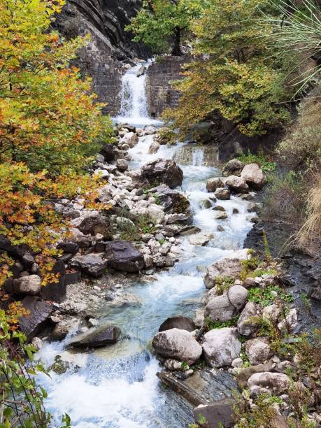 cascada de corriente de agua en otoño kypseli pueblo, arta perfecture grecia - autumn water leaf stream fotografías e imágenes de stock