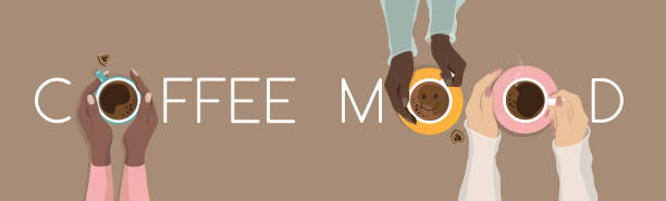 three diverse girls holding cup of coffee Three diverse girl friends meeting, drinking delicious coffee. Female hands warming, holding coffee cups, chocolate sweets, happy smiling emoji in a mug, top view. Coffee mood concept, vector banner caffeine illustrations stock illustrations