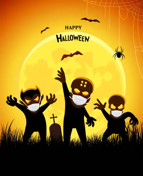 Vector illustration of Halloween Monsters. Moonlight. Pandemic Design.