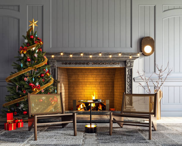 maqueta de una sala de estar con chimenea, árbol de navidad y regalos, renderizado 3d, ilustración 3d - home decorating living room luxury fireplace fotografías e imágenes de stock