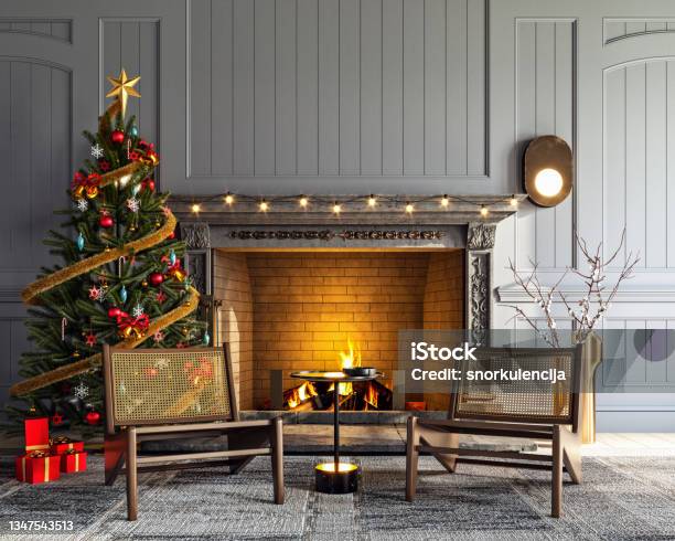 Mockup Of A Living Room With Fireplace Christmas Tree And Presents 3d Rendering 3d Illustration Stock Photo - Download Image Now
