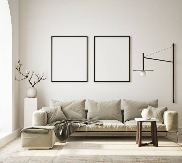 istock mock up poster frame in modern interior background, living room, Scandinavian style, 3D render, 3D illustration 1347546210