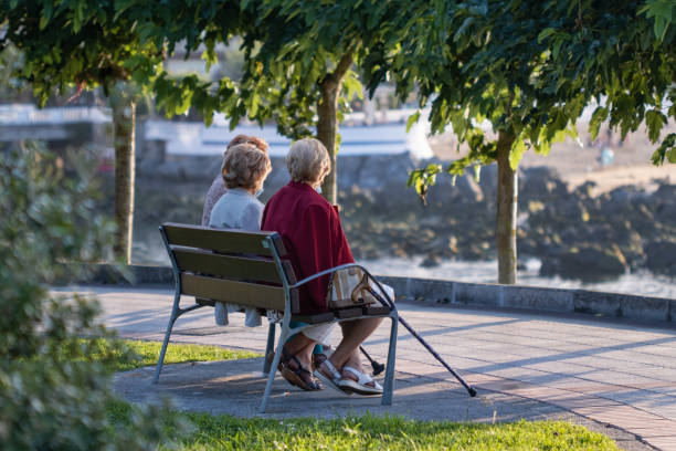 Senior women in the park relax at sunset on the coast of the Bay of Biscay. stock photo