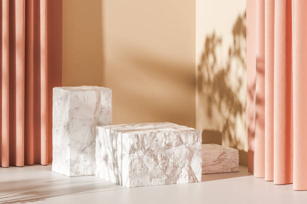 istock Three stone geometric podiums on a beige background with curtains. Mock up. 3d rendering 1347547104