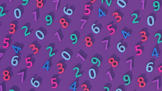 Group of colorful numbers. Purple background, Abstract illustration, 3d render.