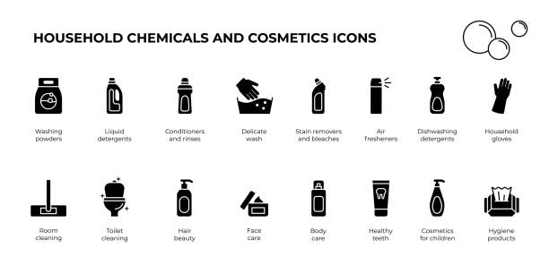 ilustrações, clipart, desenhos animados e ícones de ícone de produtos químicos e cosméticos domésticos definido para o site da loja online. vários sinais de preparação para rosto, corpo, cabelo, saúde bucal, produtos de higiene. agentes de limpeza, símbolos de lavagem e desinfecção - silhouette water computer icon cosmetics