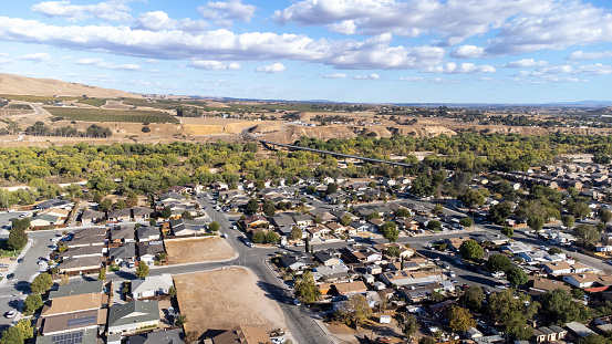 Aerial shot of a rural neighborhood. New housing development.