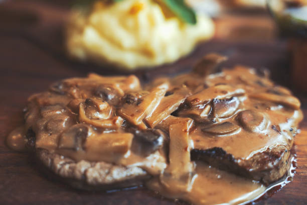 Steak, Mushroom sauce, Meat, Restaurant, Savory food