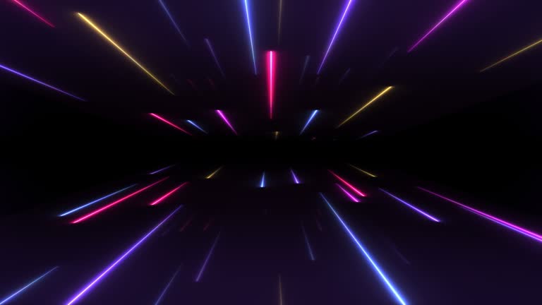 Abstract neon lines loop animation. Modern background, seamless motion design, screensaver, backdrop. 4k animated poster banner. glowing neon lights purple, blue, pink colors. fly through space