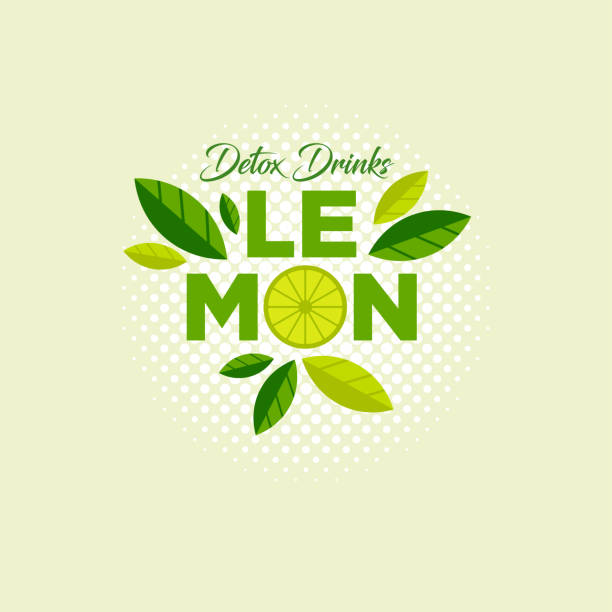 illustrations, cliparts, dessins animés et icônes de emblème du jus de citron. signe de boisson détox. lettres, tranches de citron avec des feuilles sur un fond de demi-teinte clair. - lemon portion citrus fruit juice