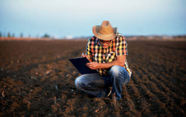istock Farmer controls the soil and making a notes after plowing in the field. Agricultural concept 1347554769