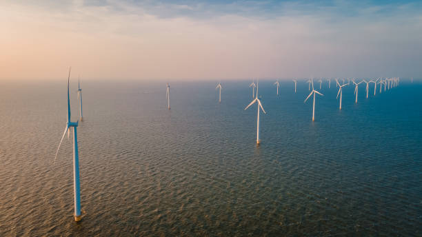 Windmills for electric power production Netherlands Flevoland, Wind turbines farm in sea, windmill farm producing green energy. Netherlands stock photo