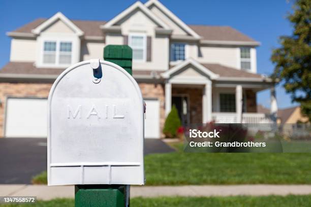 Traditional Metal Mailbox In Front Of A House Stock Photo - Download Image Now - Blue, Mailbox, Aluminum