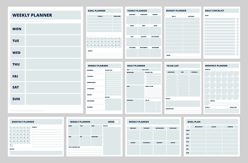Blank planner templates. Business planners, weekly, daily or meal plan pages. Notebook papers, strategy and year goals. To do list, diary recent vector set. Illustration of blank plan and diary
