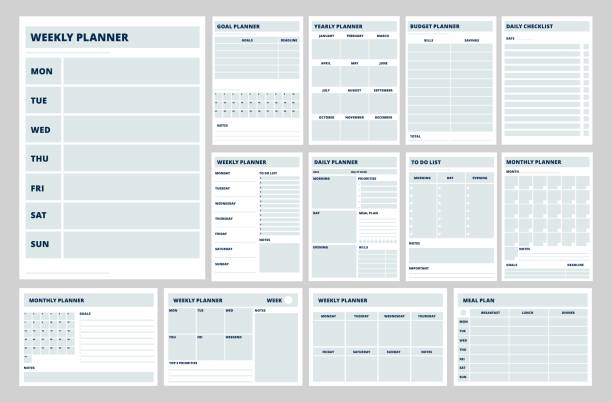 Blank planner templates. Business planners, weekly, daily or meal plan pages. Notebook papers, strategy and year goals. To do list, diary recent vector set Blank planner templates. Business planners, weekly, daily or meal plan pages. Notebook papers, strategy and year goals. To do list, diary recent vector set. Illustration of blank plan and diary agenda stock illustrations