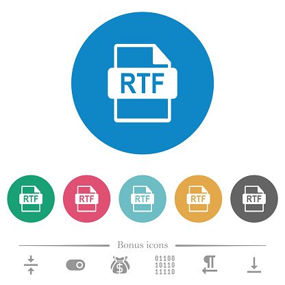 RTF file format flat white icons on round color backgrounds. 6 bonus icons included.