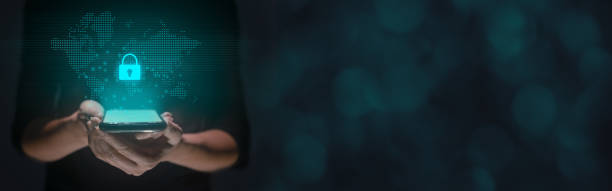 istock Internet security concept with world map and lock hologram over smartphone with copy space 1347560312