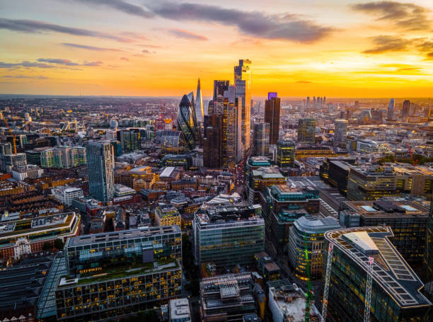 Aerial view of the City of London, a historic financial district, home to both the Stock Exchange and the Bank of England stock photo