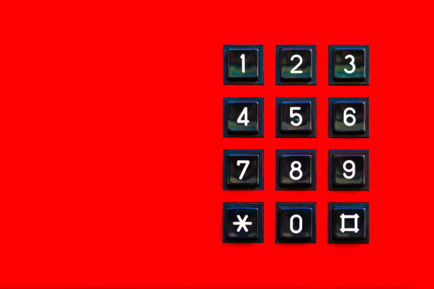 istock Simple red old classic retro landline phone keypad background, copy space. Vintage wired telephone number pad dial keyboard closeup, top view, from above. Red color, telecommunication abstract concept 1347560340