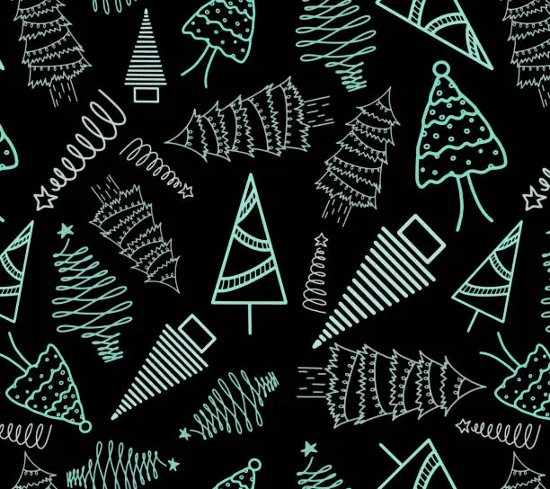 Vector illustration of Green fir tree pine star doodle line New Year vintage decorative template shopping print textile fabric wrapping. Christmas floral elements ornaments seamless banner greeting card on black background