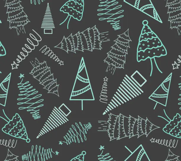 Vector illustration of Hand drawn Christmas Green fir tree pine star doodle line. Floral element seamless pattern greeting card grey background. New Year vintage decorative template shopping print textile fabric wrapping