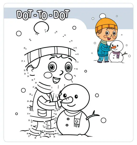 Vector illustration of Numbers game, education game for children, Boy making snowman