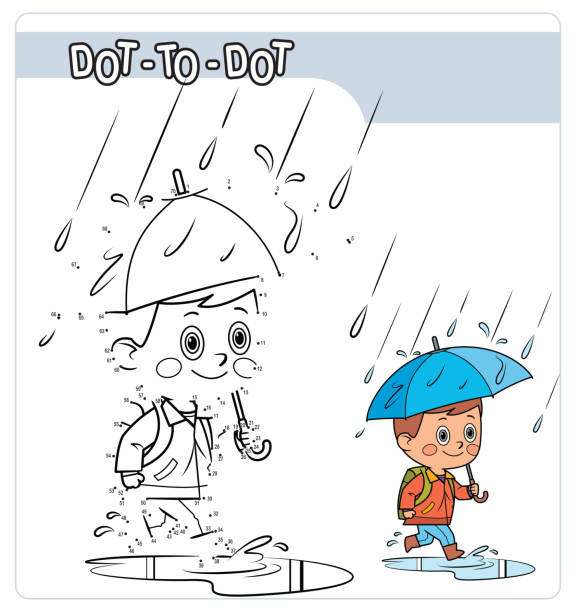 illustrations, cliparts, dessins animés et icônes de jeu de chiffres, jeu d’éducation pour les enfants, écolier avec parapluie sous la pluie - descriptive color elementary student water blue