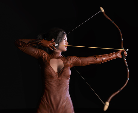 Archer woman with claret red leather suit - 3d rendering