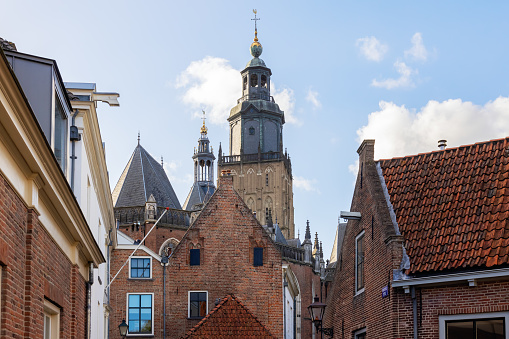 cityscape with old buildings and church in the old town of Zutphen, Netherlands