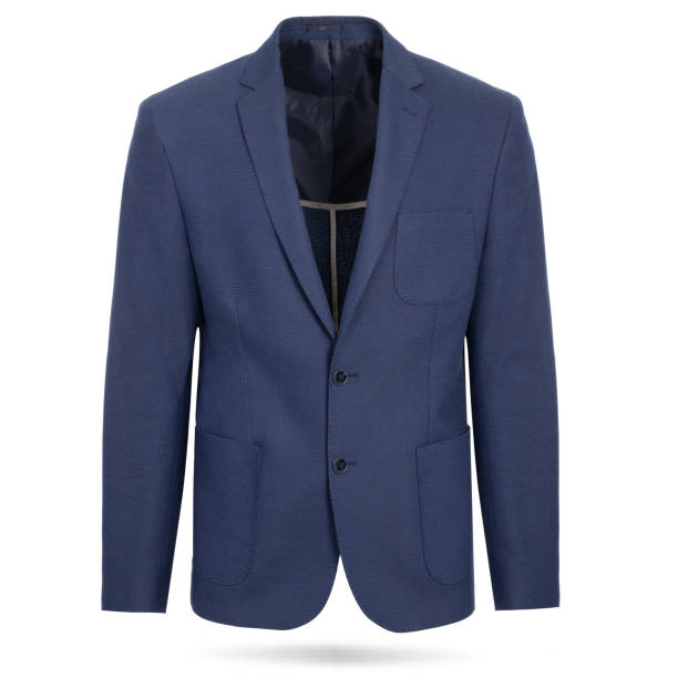 Blank blue Blazer Mockup. Men's Grey Suit. Front view Men midnight blue jacket, suit on a white background. Mens jacket isolated on white with clipping path. Ghost photo Blazer stock pictures, royalty-free photos & images